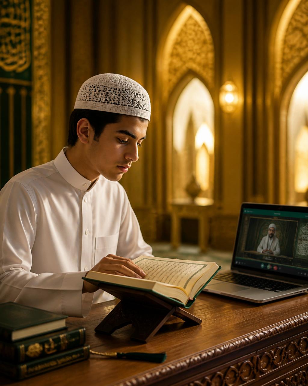 Male student learning the Holy Quran online with a qualified teacher